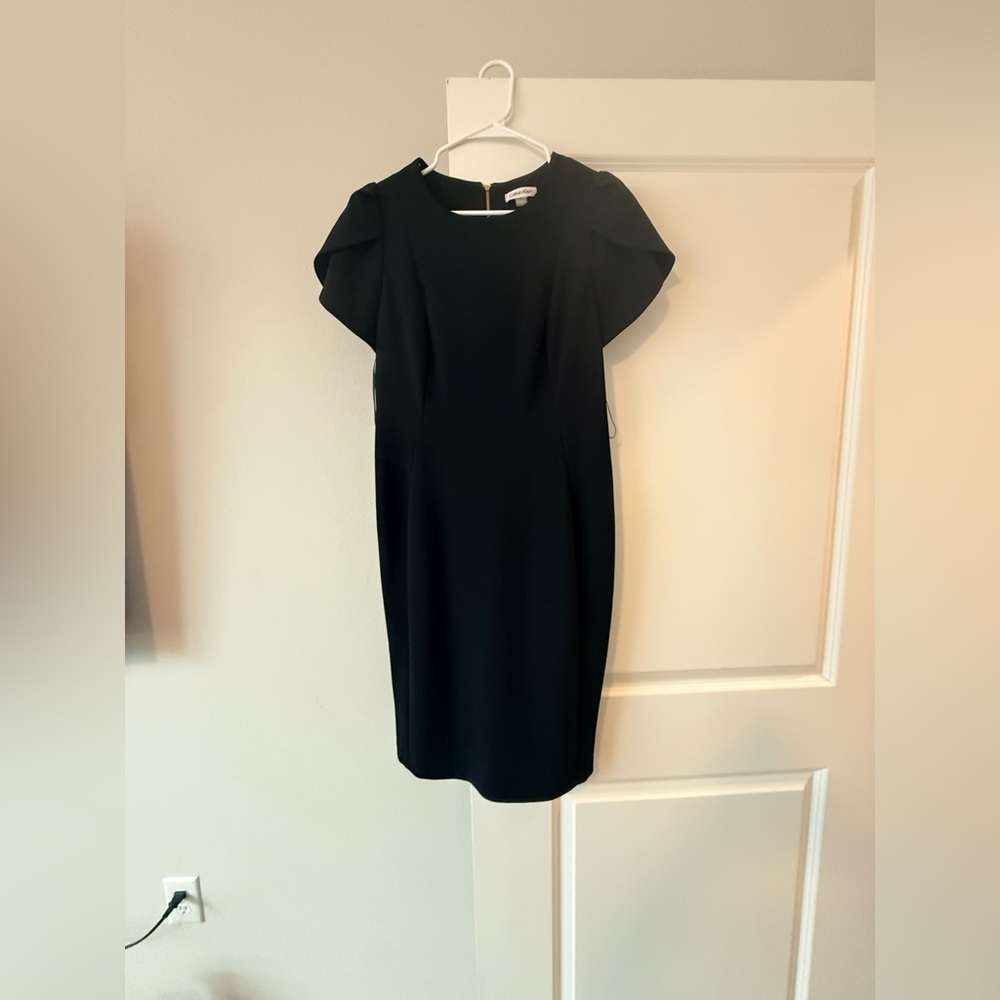 Calvin Klein Black Midi Sheath Dress with Statement Cap Sleeves - Picture 4 of 8